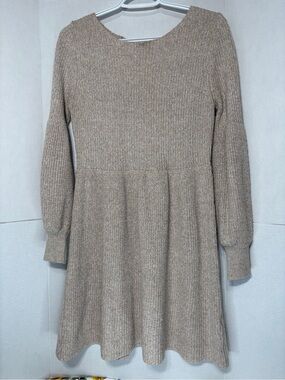 SHEIN Women’s Beige Ribbed Knit Sweater Dress Boho Long Bubble Sleeves